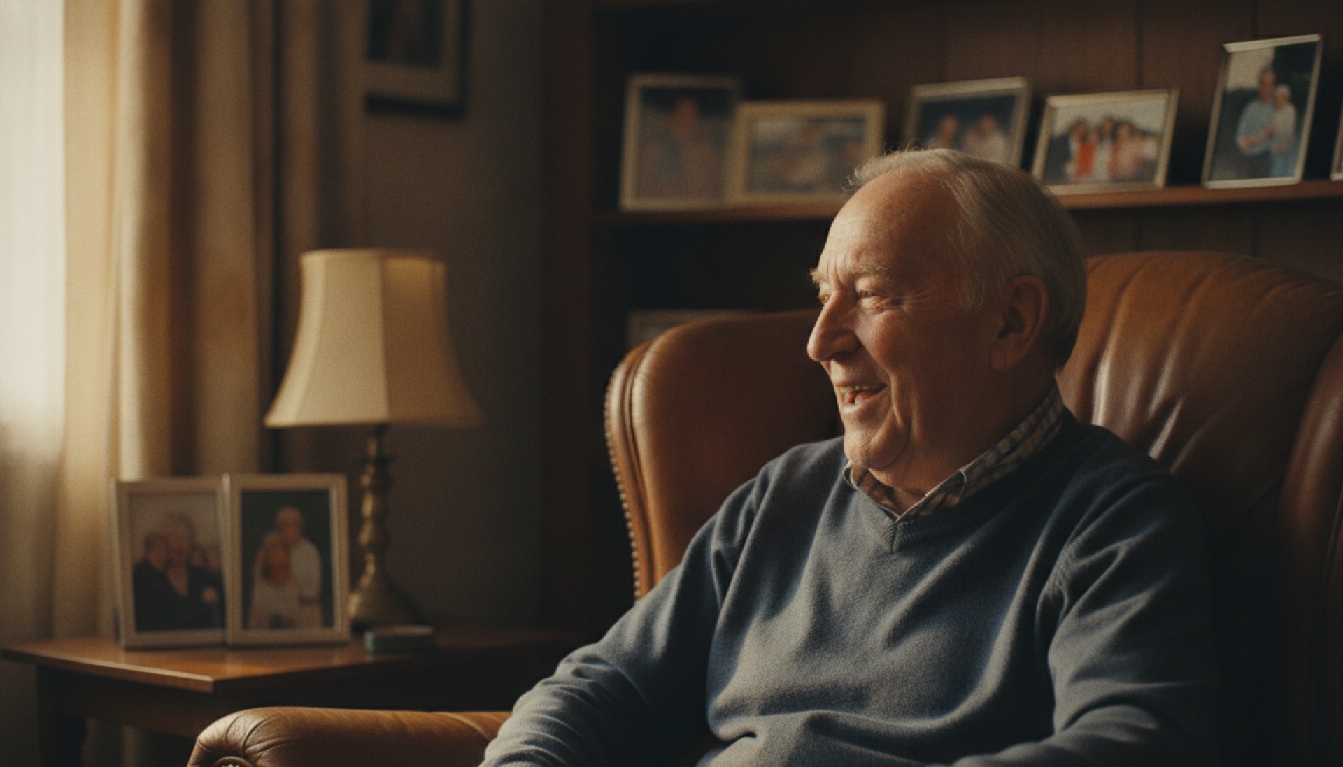 An elderly man telling his story in a warm living room during a Life Feature filming session